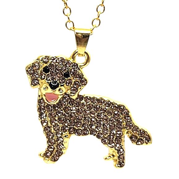 Gold Tone Round Gold Crystal Golden Retriever Dog Pendant 18" - Picture 2 of 5